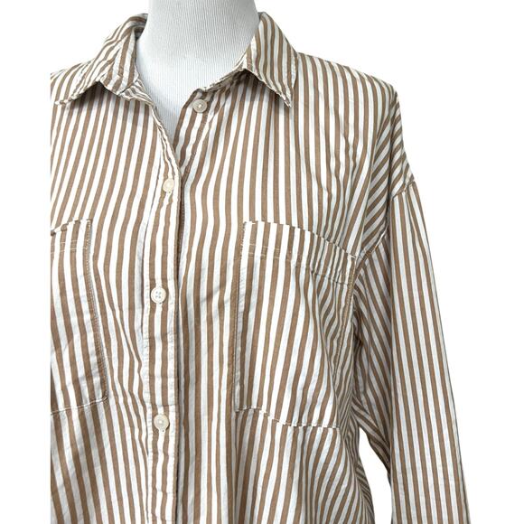 Old Navy Boyfriend Shirt Tan White Stripe Long Sleeve Cotton Button Up Womens L - Picture 2 of 8